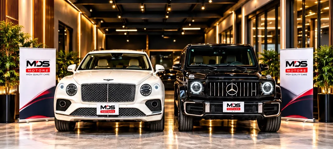 MDS Motors showroom with a white and a black luxury SUV