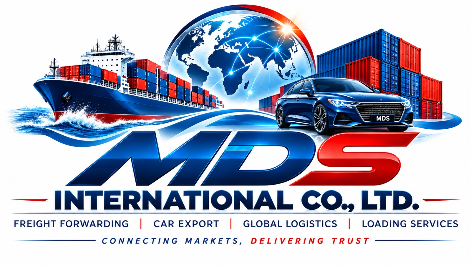 MDS International Co., Ltd. logo: freight forwarding, car export, global logistics and loading services
